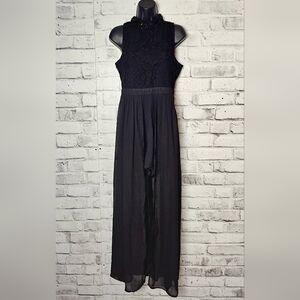 Streetwear Society Black Romper With Crochet Top and Sheer Train